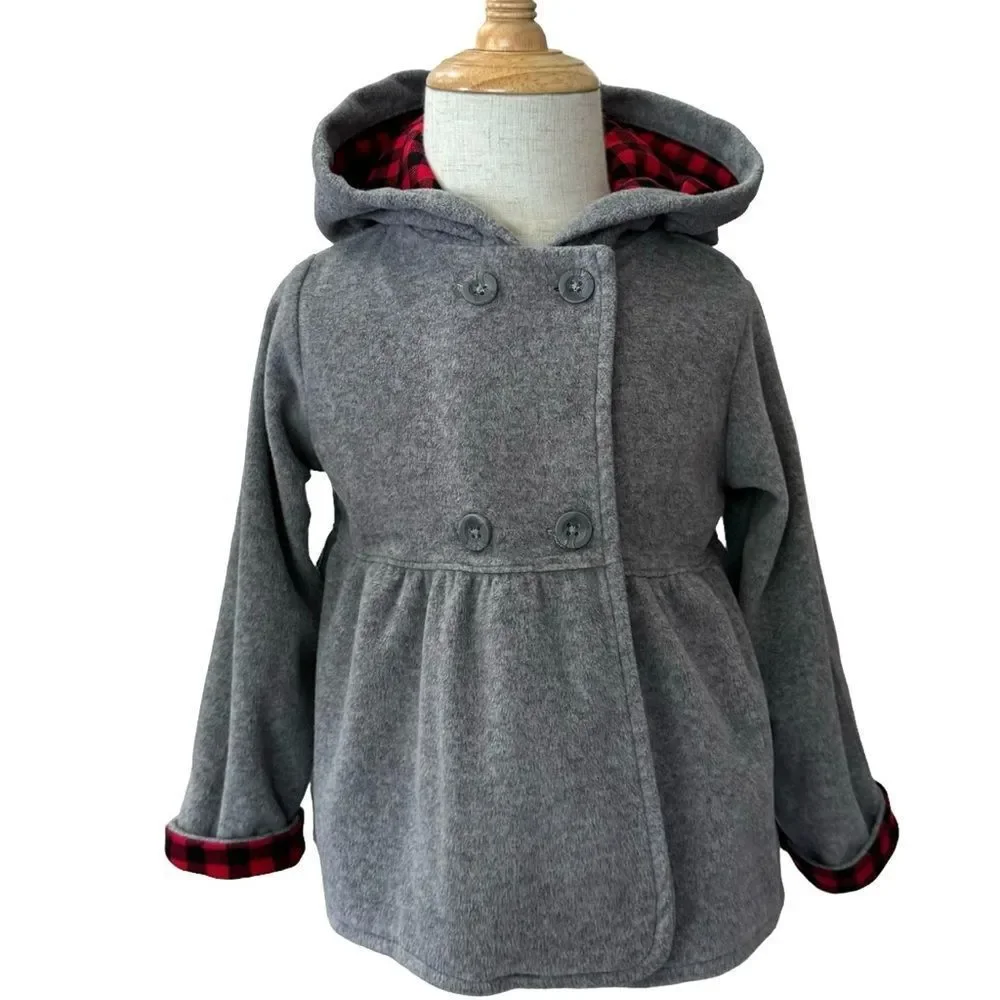 Carter’s Girls Kids Gray Hooded Buffalo Check Fleece Peplum Pea Coat. 18 Months.
